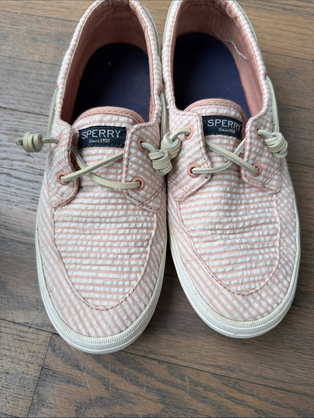 Sperry Pink and White Striped Boat Sneakers Size 8.5